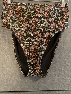 Chelsea & Violet Black Floral Print Bikini Bottoms with Pink & Cream Flowers